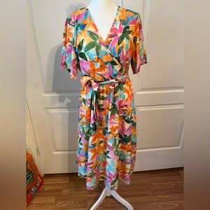 SHEIN Colorful Floral Wrap Midi Dress. EUC. Size large. Elastic waist.